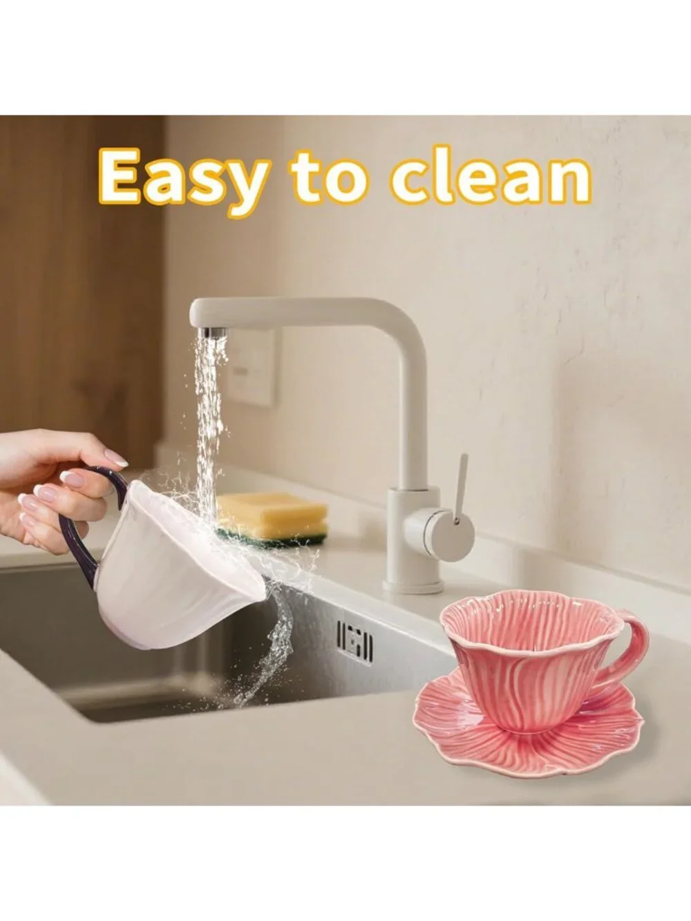 Elegant Floral Ceramic Tea Cups & Saucers Set - 10 oz Microwave & Dishwasher